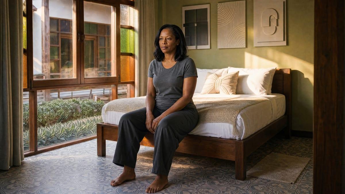 Woman sitting on the edge of her bed in a quiet private room in early morning light