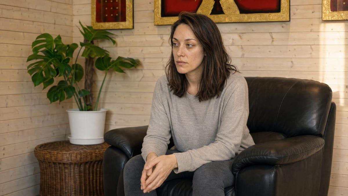 Woman sitting forward in an armchair in a warm one to one therapy room with garden light