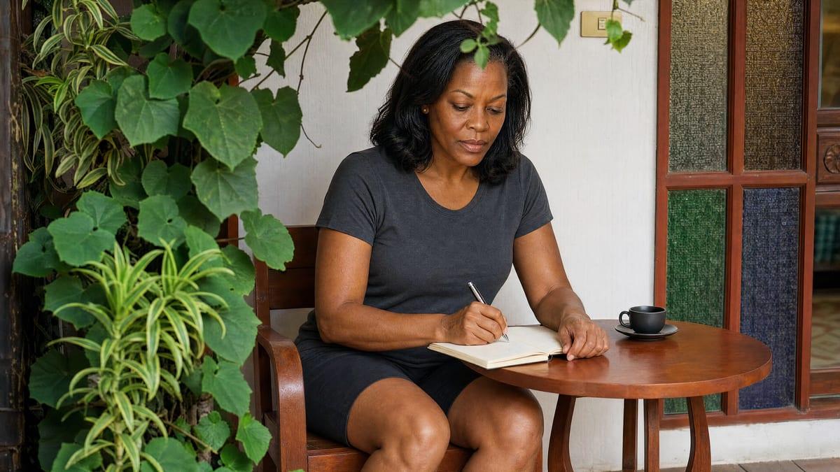 Woman writing in a notebook at a small table on a leafy veranda in warm daylight
