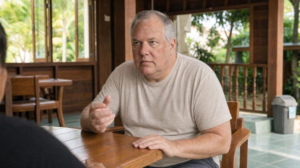 Man seated at a timber pavilion table talking with a clinician at Jintara Rehab