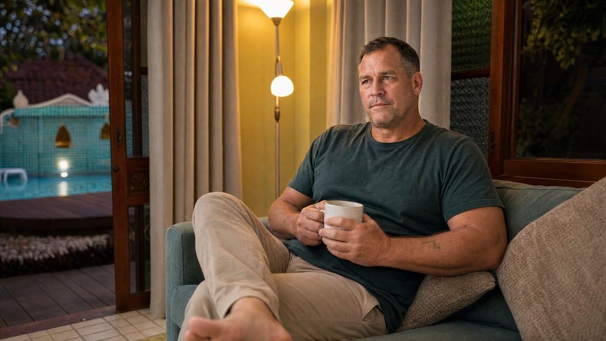 Man resting on a lounge sofa with a warm drink beside an open door to the pool