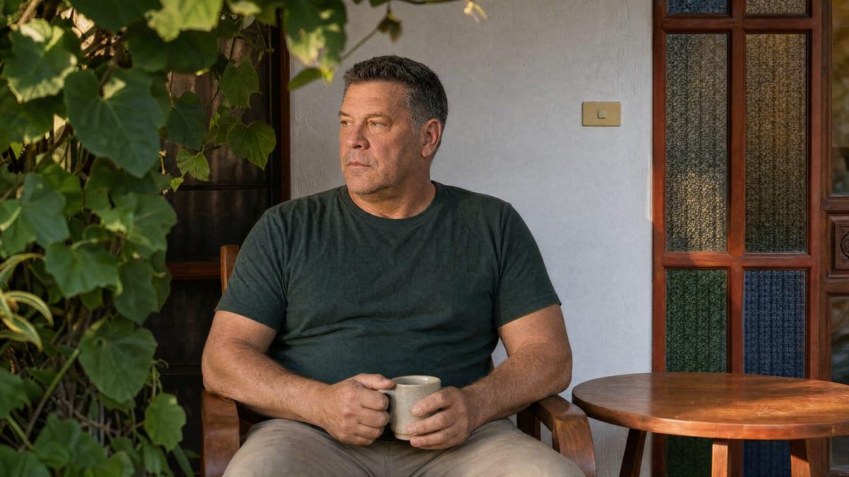 Man sitting on a veranda with a mug in morning light beside a stained glass door