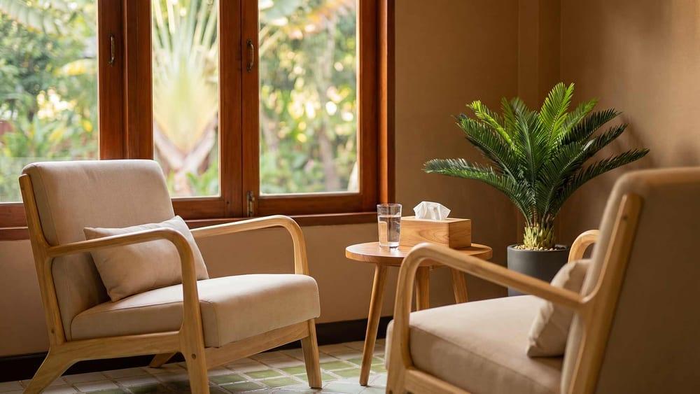 Warm therapy room at Jintara Rehab Chiang Mai where therapy begins during the medical detox phase rather than after it