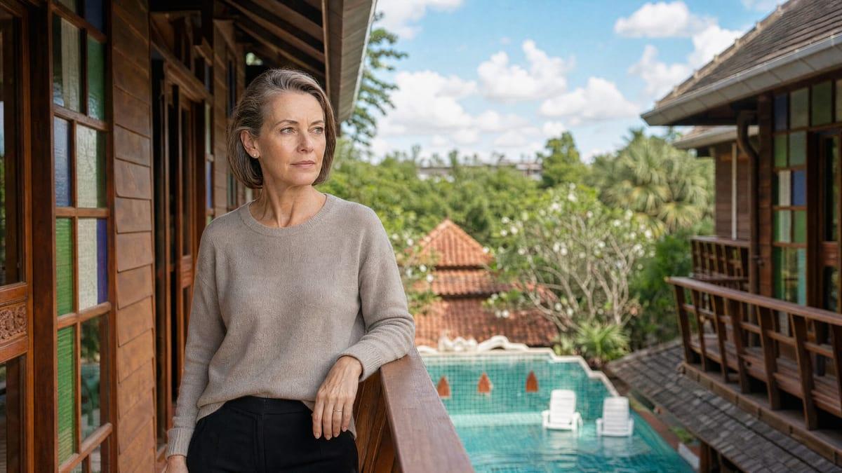 A woman standing at the timber walkway rail overlooking the pool at Jintara Rehab Chiang Mai, where therapy runs alongside medical detox