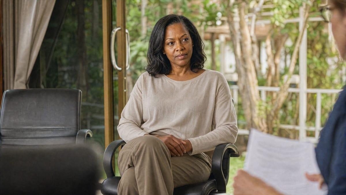 Woman seated in a consultation while a clinician reviews her medication plan on paper