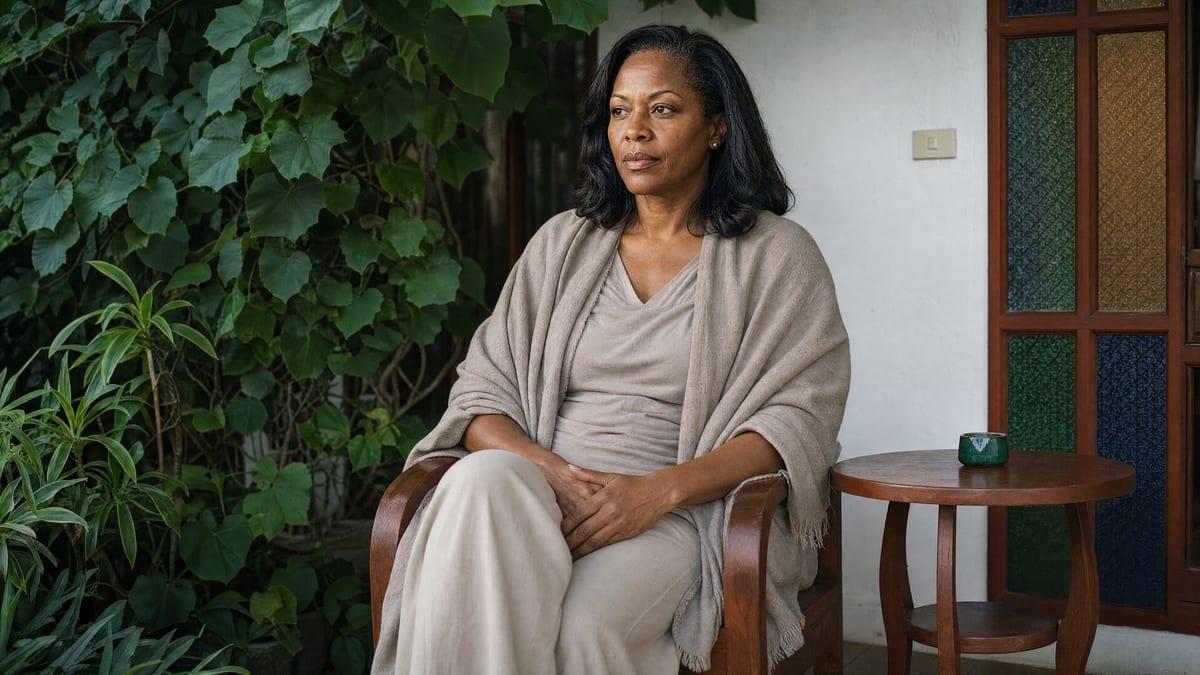 Woman seated quietly outdoors wrapped in a soft cardigan during the middle of withdrawal