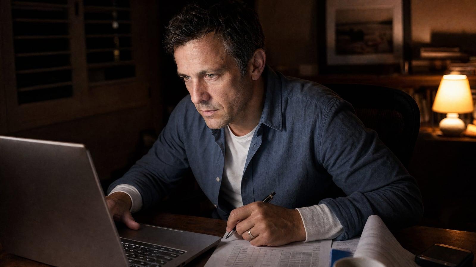 A New Zealand man sits at a desk late in the evening working through treatment options on a laptop before making the call to Jintara