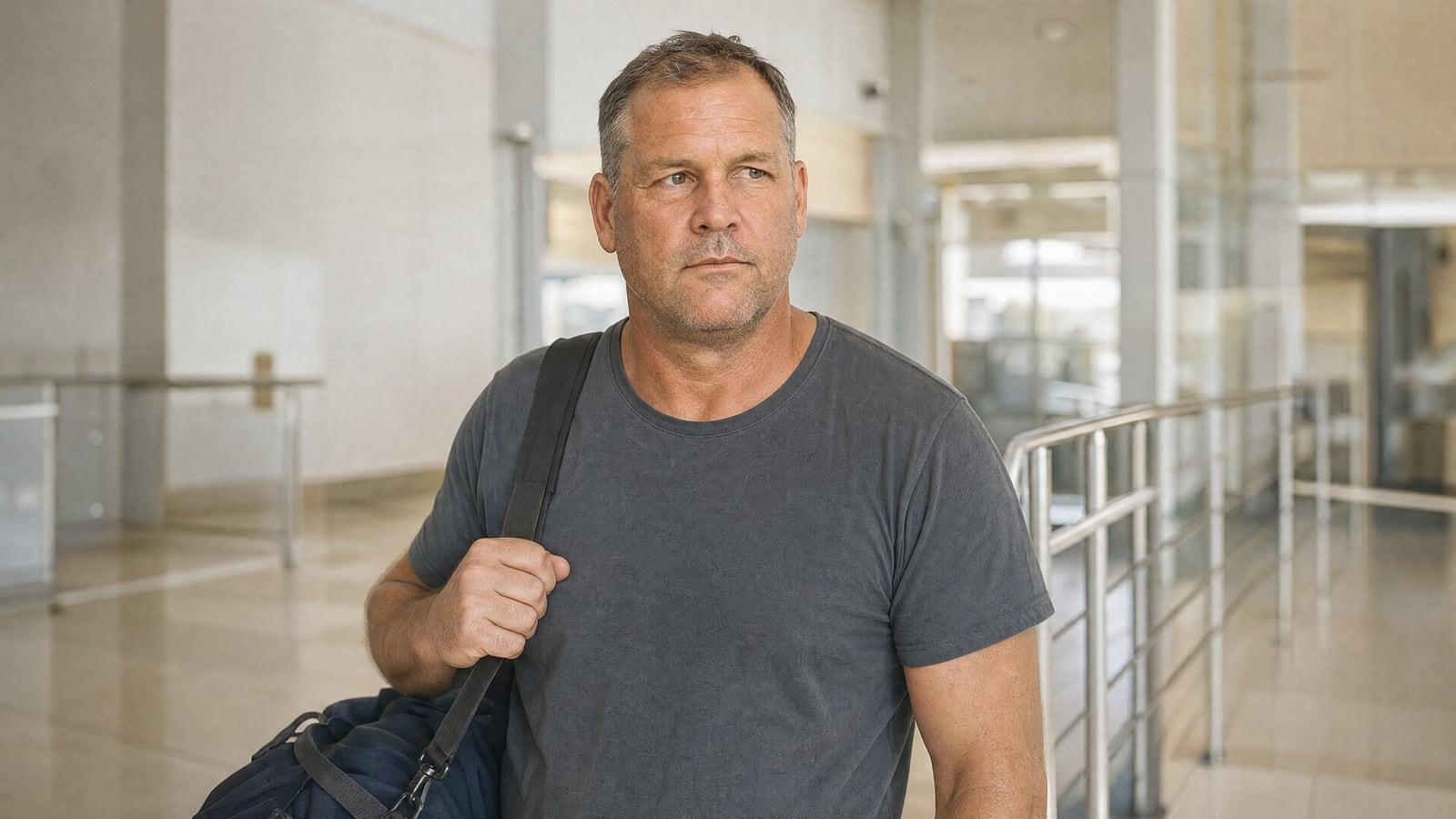 A New Zealand man stands in the arrivals hall at Chiang Mai International with his bag over one shoulder, tired from the flight, looking toward the Jintara nurse and support worker waiting for him