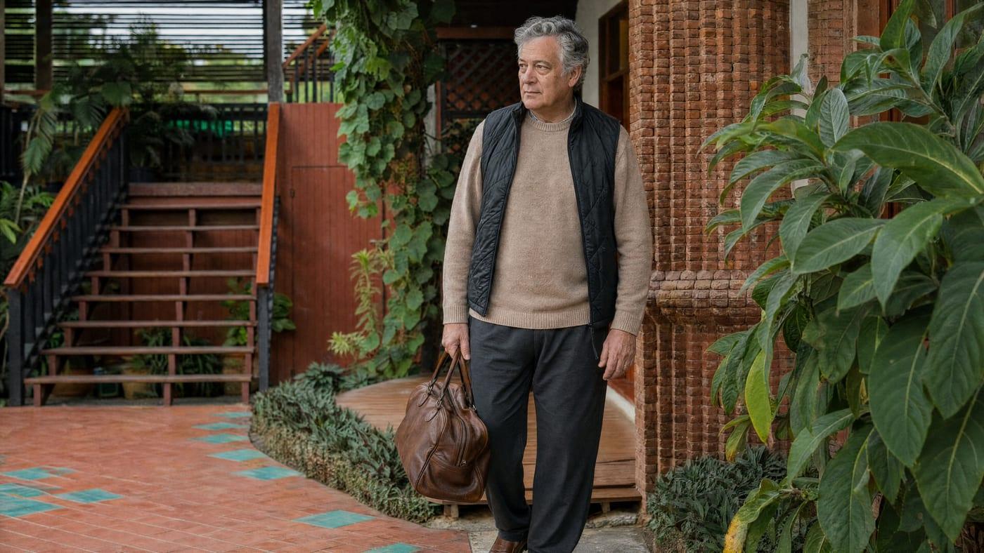 Older man with a travel bag arriving at the garden entrance of Jintara Rehab Chiang Mai