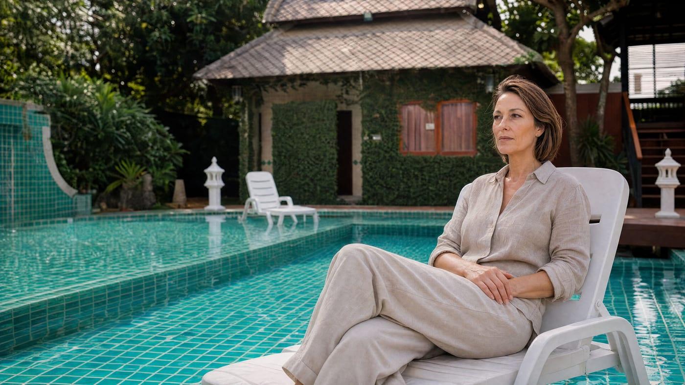 Woman resting on a poolside lounger in warm daylight at Jintara Rehab Chiang Mai