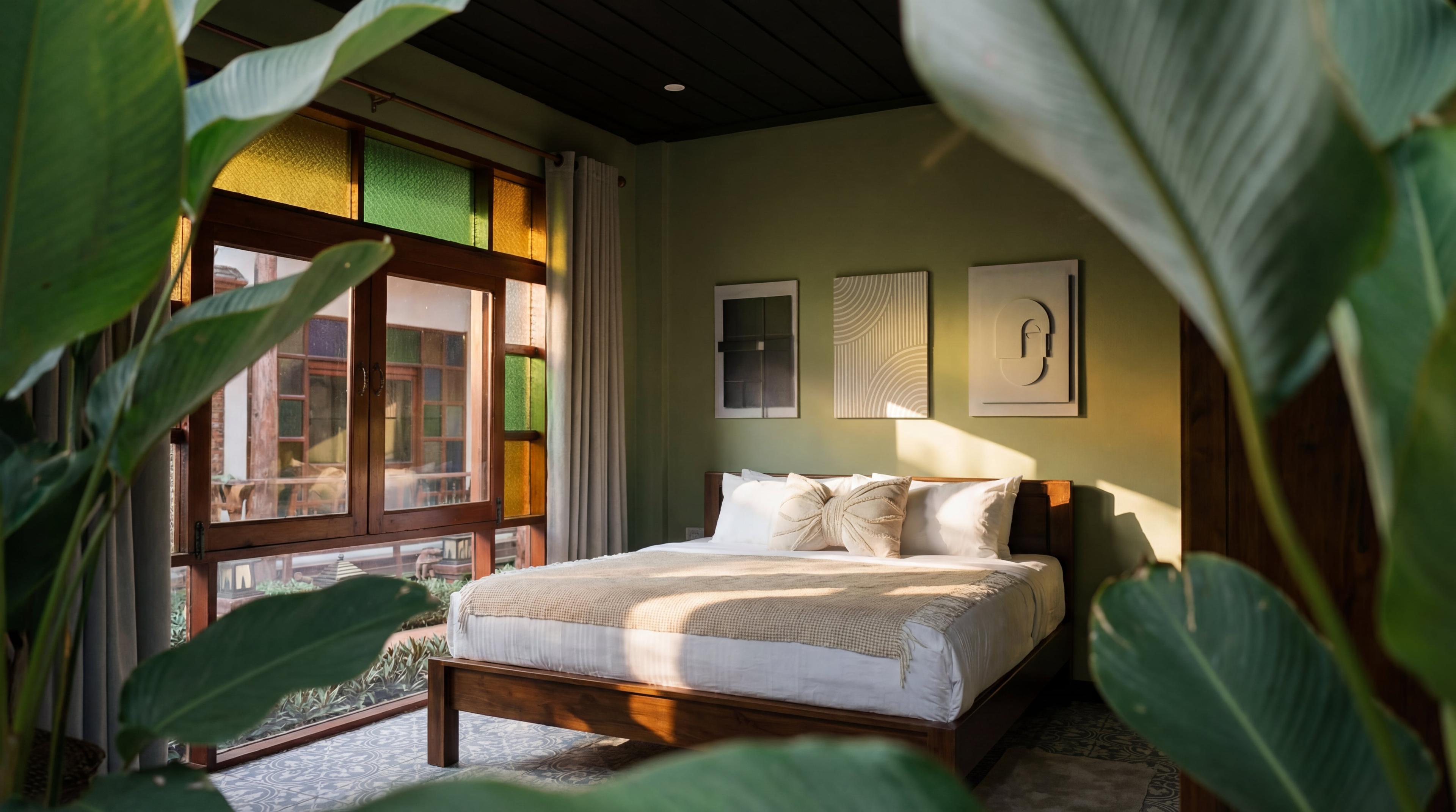 Private bedroom at Jintara Rehab viewed through garden foliage with stained glass windows and sage green walls