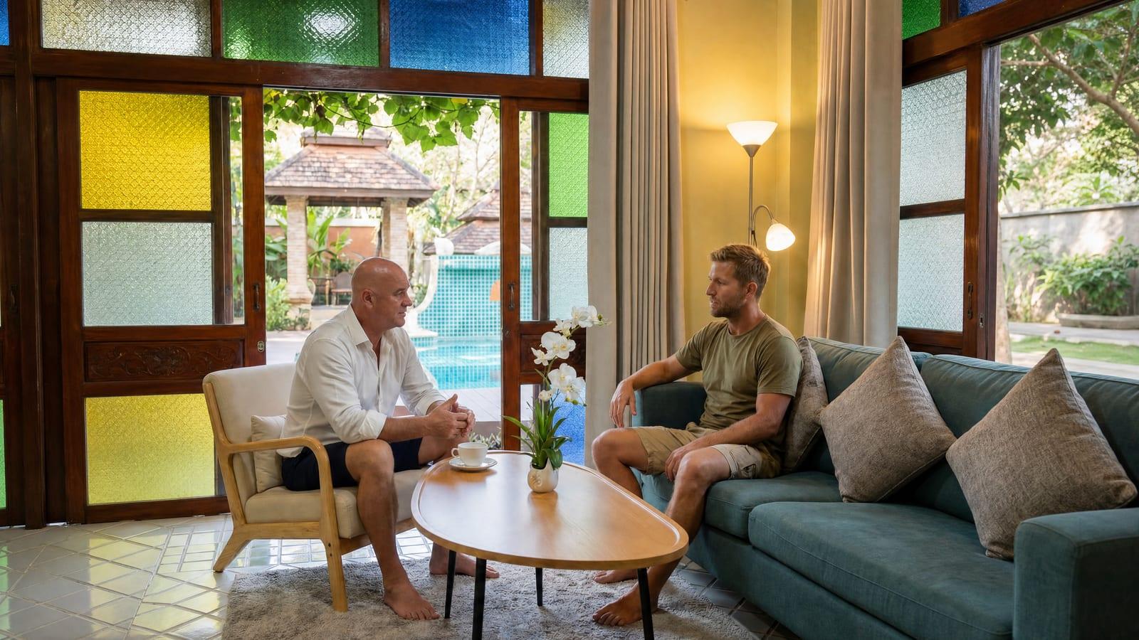 Clinical consultation in the Jintara Rehab lounge with pool view in Chiang Mai