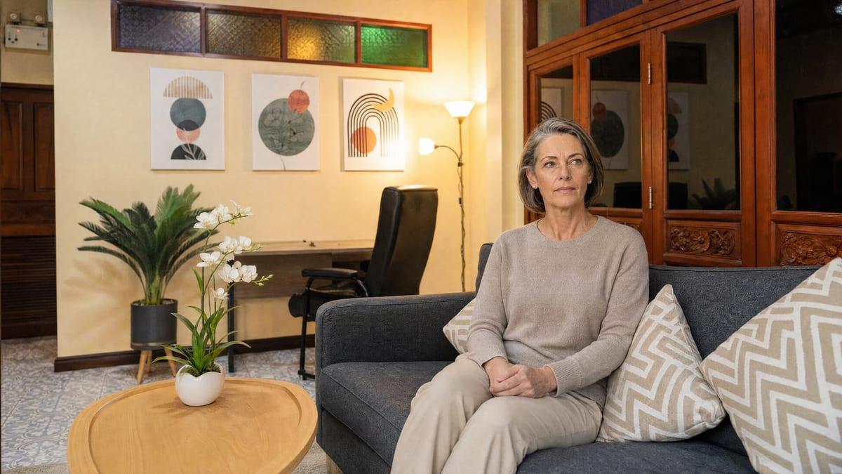 A woman sits reflecting quietly in a calm lounge at Jintara Rehab Chiang Mai during cannabis treatment