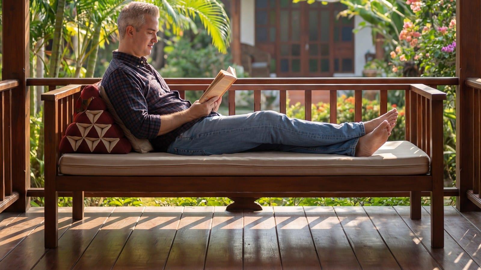 A man reading on a timber daybed on a veranda overlooking a tropical garden and pavilion