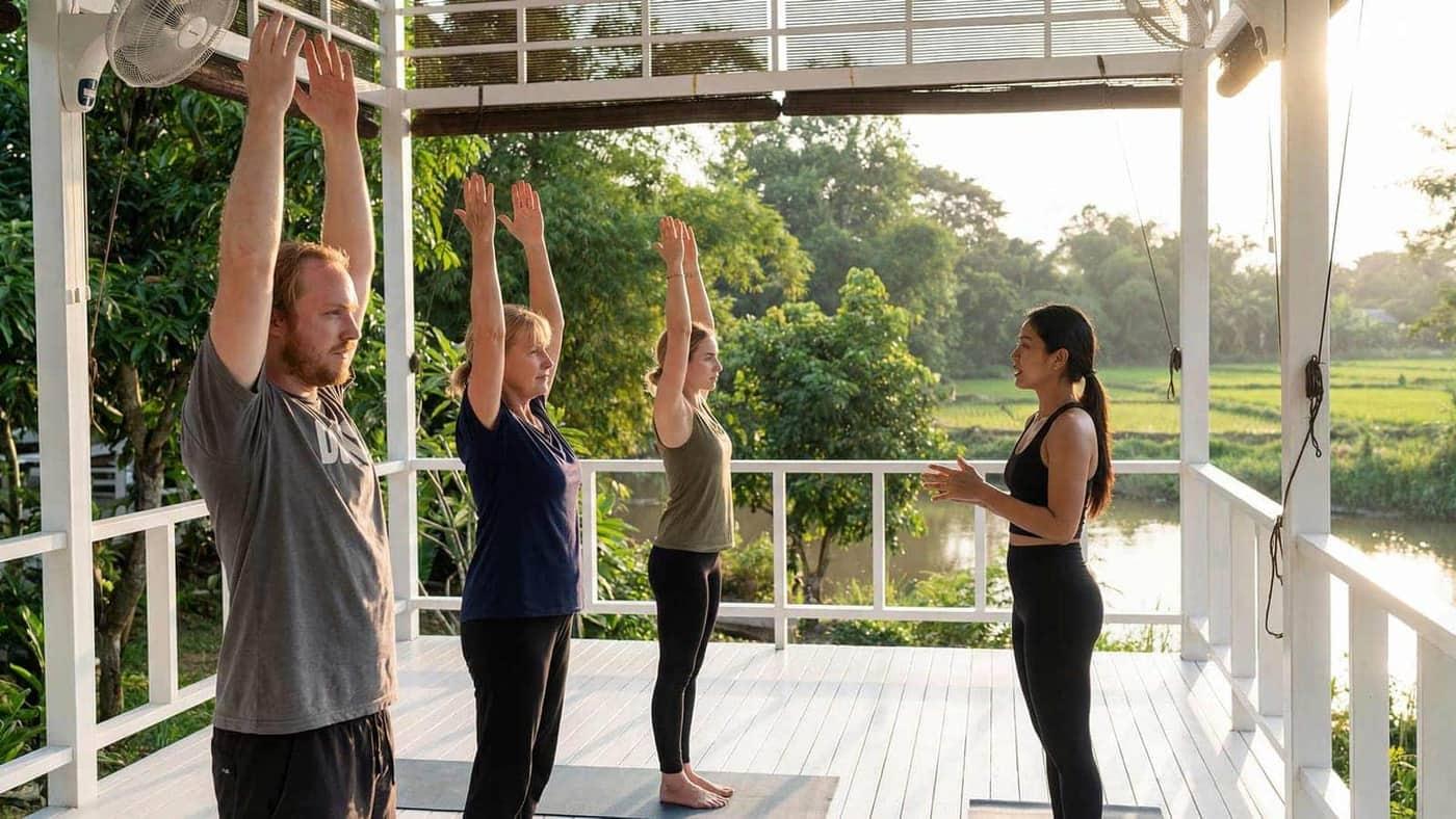 Adults stretching with a yoga teacher on an open-air deck beside fields at Jintara Rehab in Chiang Mai