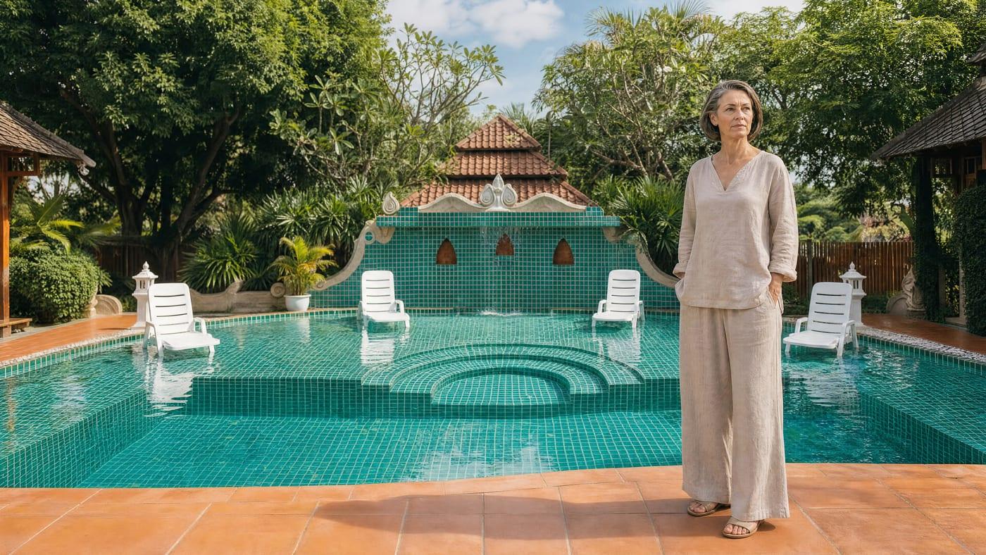A woman in early recovery in the garden grounds at Jintara Rehab in Chiang Mai Thailand