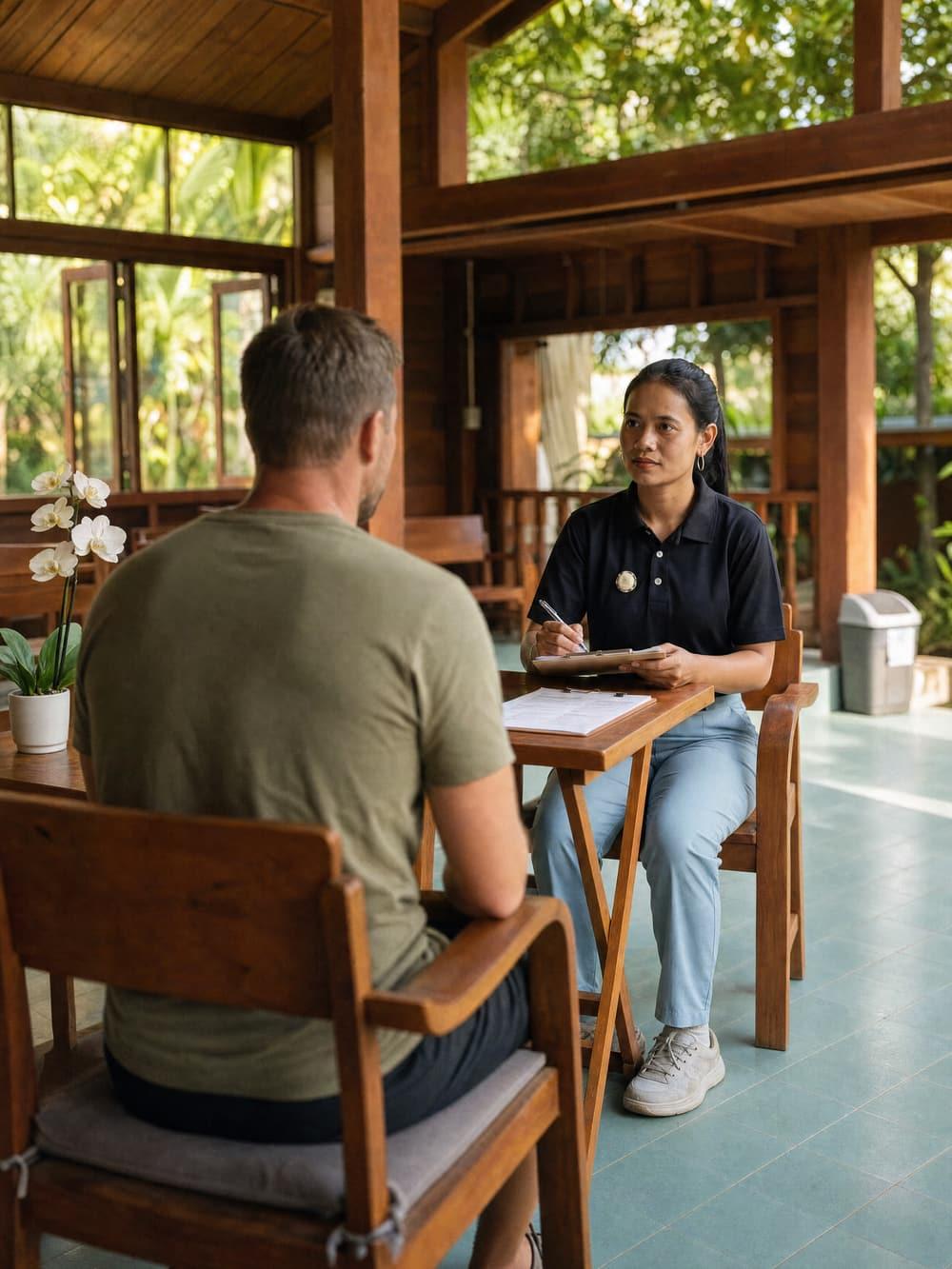 A nurse reviewing medical findings with a client in a garden consultation room at Jintara Rehab in Chiang Mai Thailand
