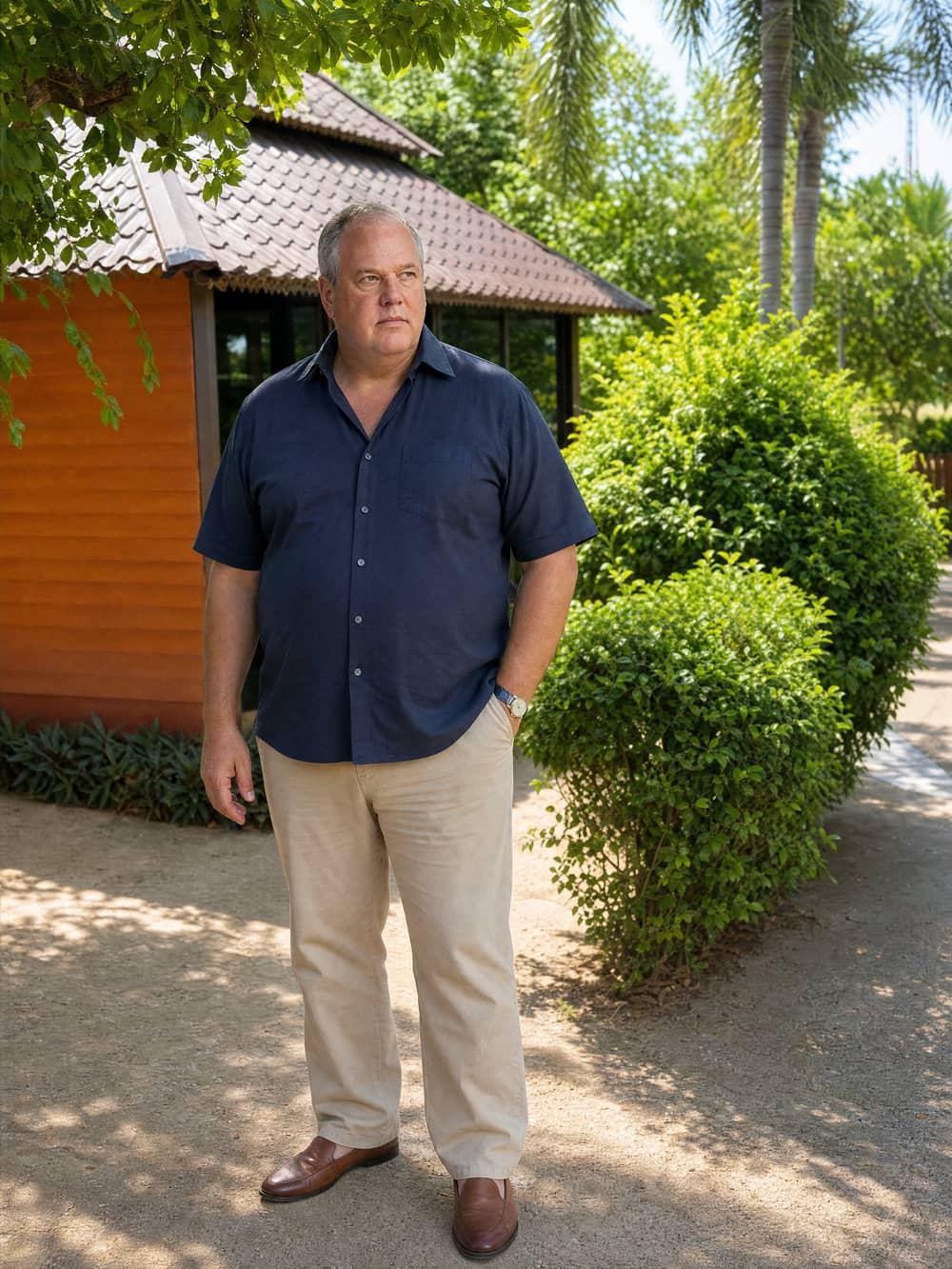 A professional man in early recovery standing in the pavilion gardens at Jintara Rehab in Chiang Mai Thailand