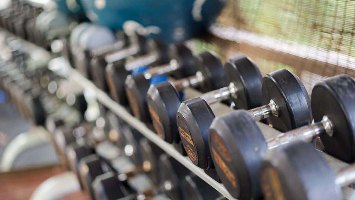 Dumbbells on a rack in the covered gym at Jintara Rehab