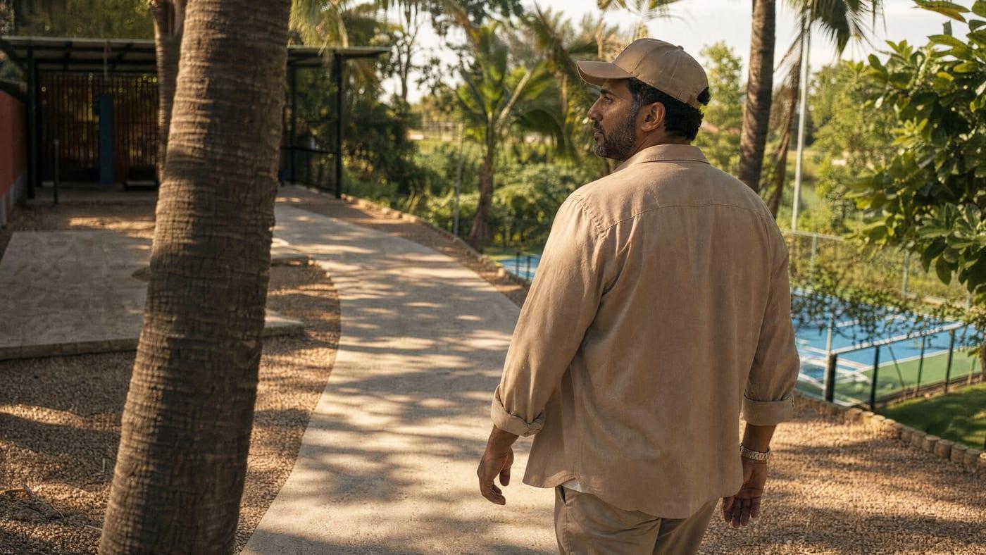 Man walking a shaded palm-lined path through the grounds at Jintara Rehab Chiang Mai