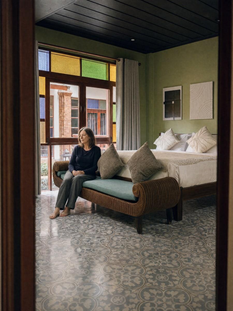 Woman sitting on a window day-sofa in a green guest room looking out to the courtyard