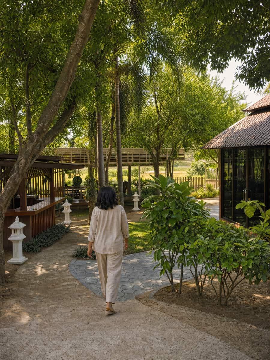 Woman walking away along a garden path past white lantern posts and tropical trees