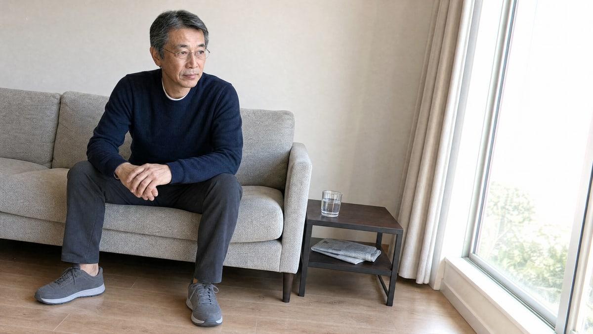 A man in his fifties sits on the edge of his sofa at home in the weeks before entering residential treatment