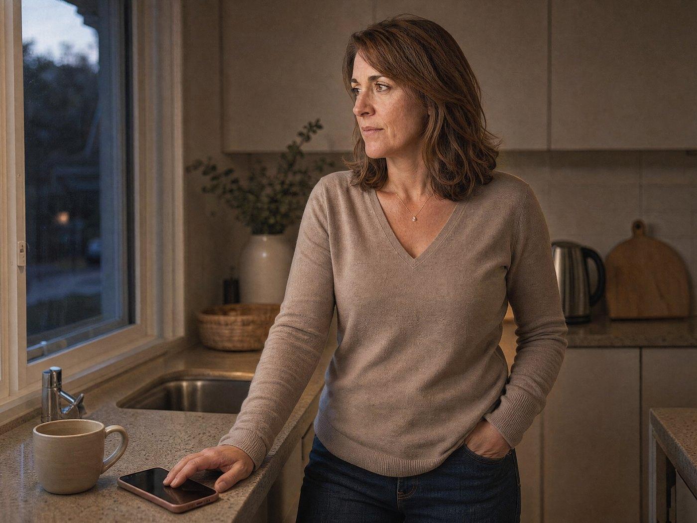 Woman at her kitchen counter at dusk after researching private addiction treatment options in the United States