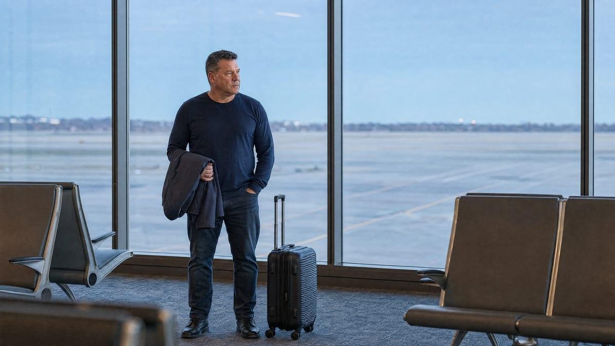 An American man waits at a departure gate before dawn with a carry-on case beside him on the morning he flies to Chiang Mai for treatment