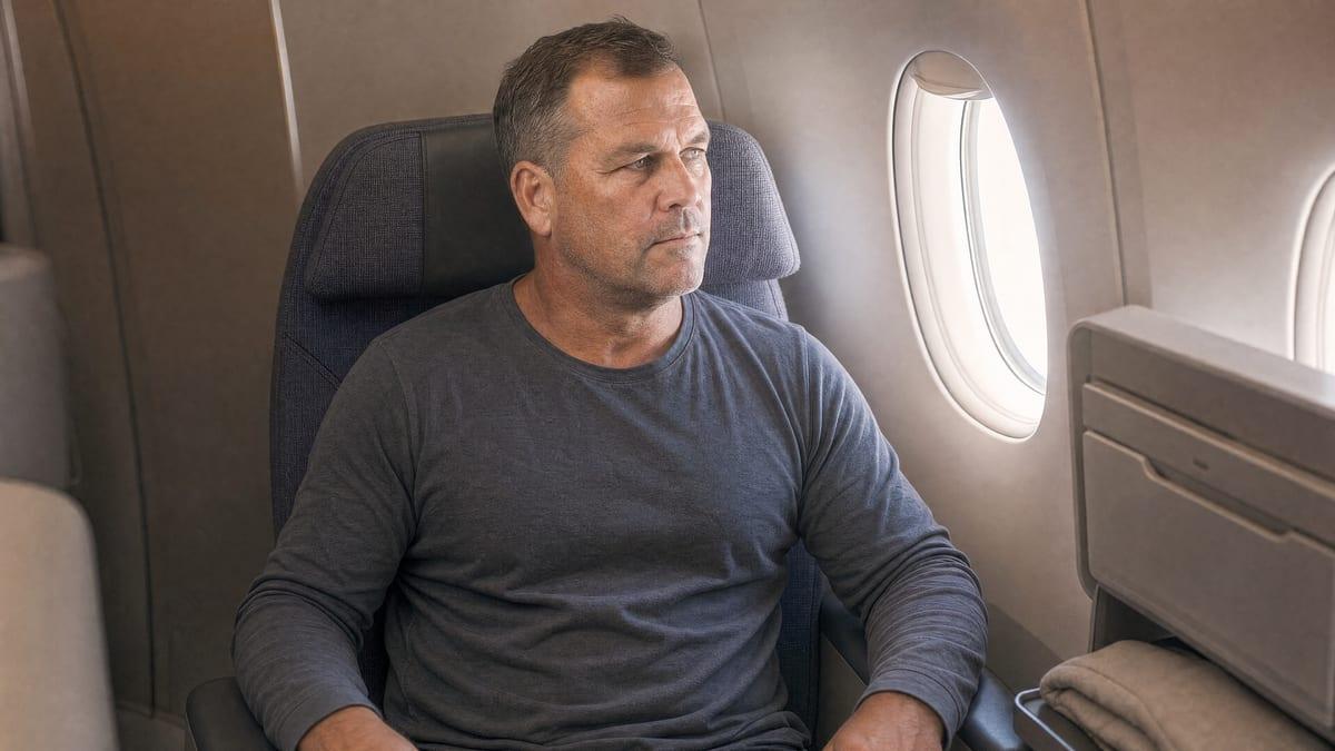 An American client rests in a window seat partway through the long-haul leg from the United States to Bangkok