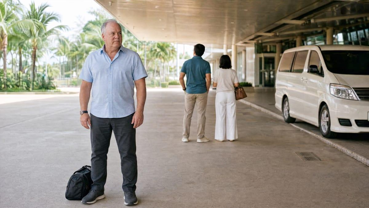 An American client stands with his bag at the covered pickup lane outside Chiang Mai International Airport where the Jintara transfer is waiting