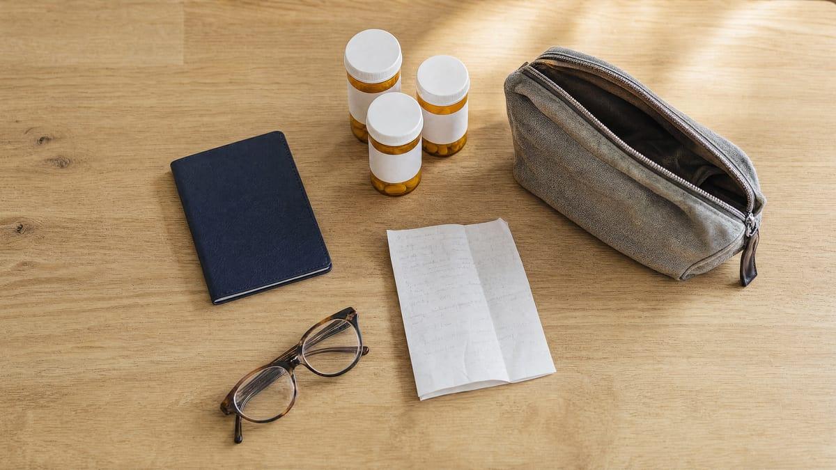 A passport, prescription bottles in their original containers, reading glasses and a handwritten medication list laid out on a table before travel
