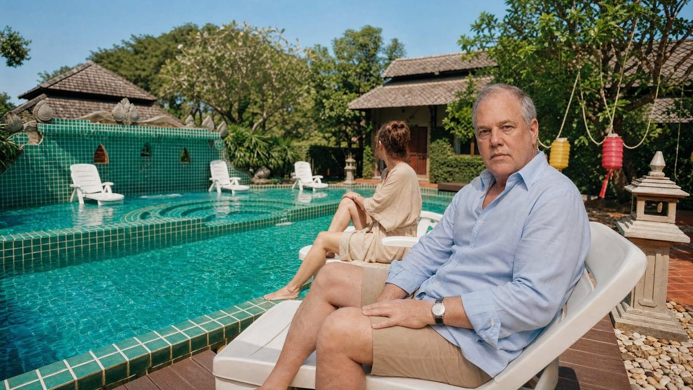 A man resting by the sunlit mosaic pool at Jintara benzodiazepine rehab in Chiang Mai Thailand