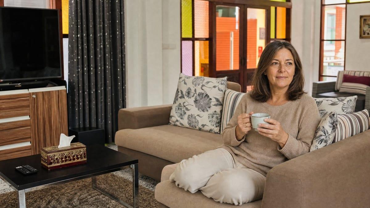 A woman with tea sitting calmly in the communal lounge at Jintara benzodiazepine rehab Chiang Mai