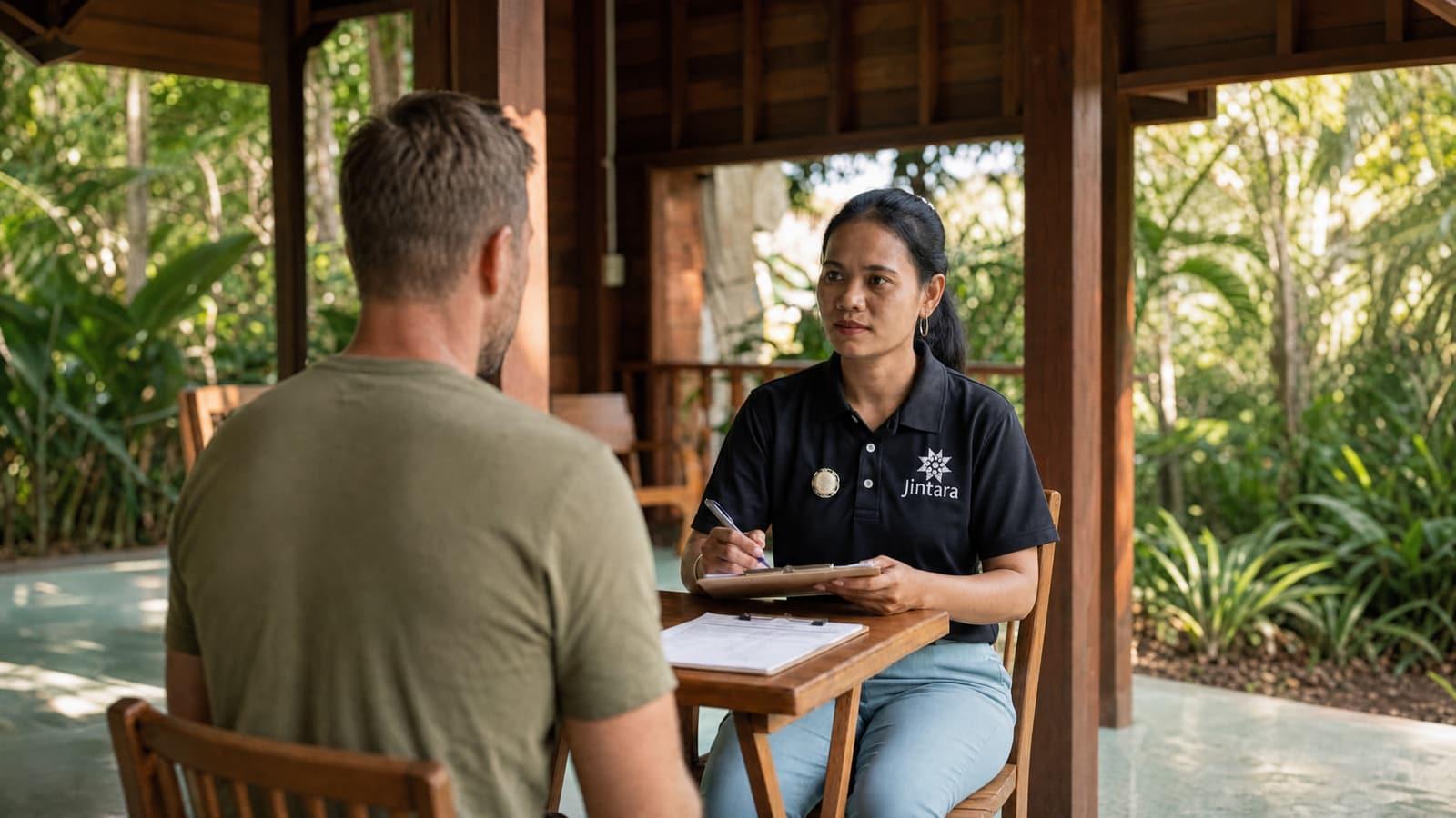 Jintara therapist taking notes during an outdoor session with a client in the facility garden
