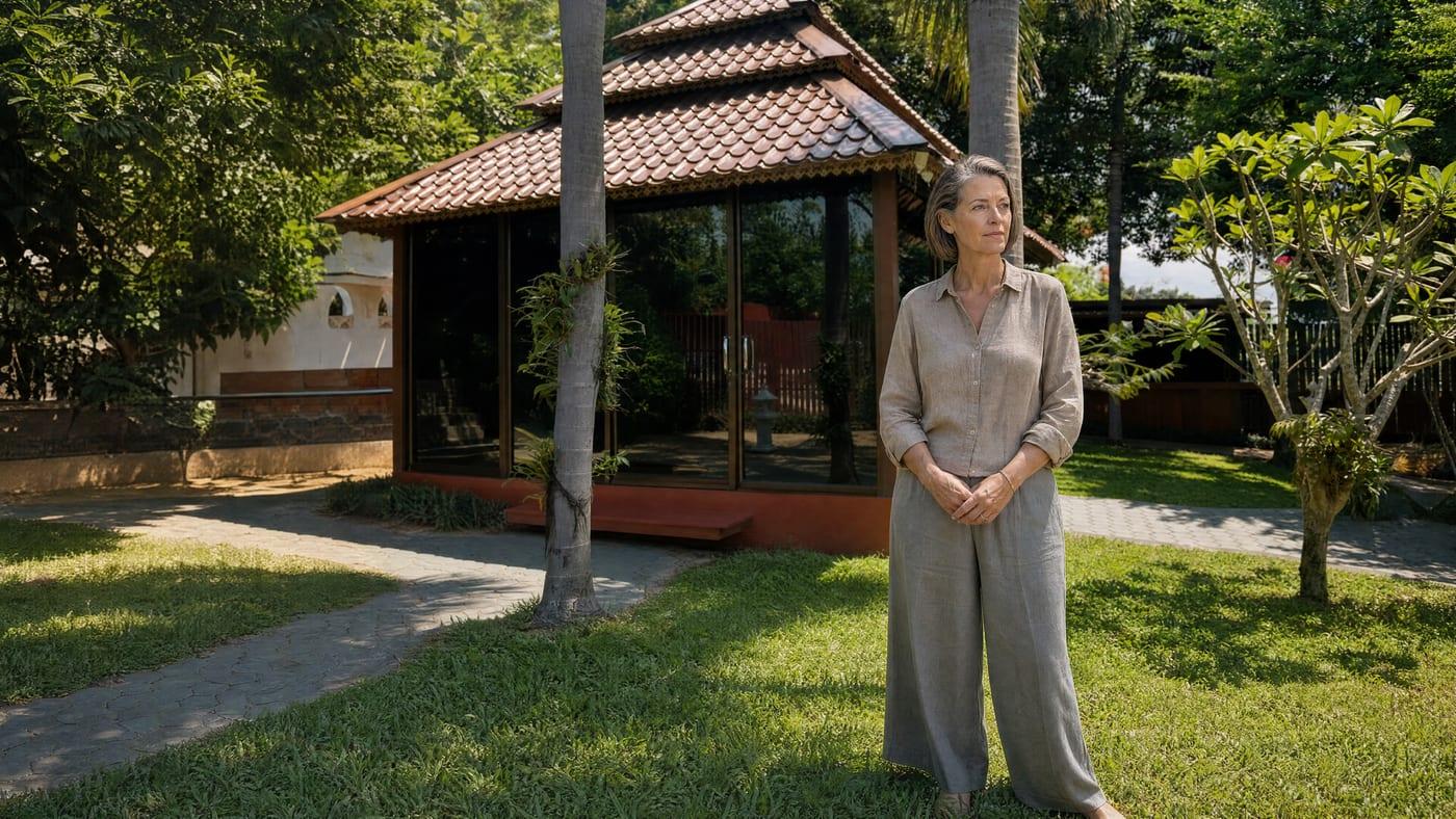A composed woman standing on the garden lawn beside the glass pavilion at Jintara benzodiazepine rehab in Chiang Mai Thailand