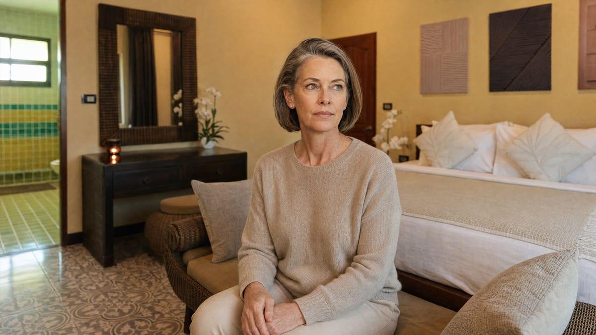 A woman sitting calmly in a warm private room during a Xanax dependence assessment at Jintara rehab in Chiang Mai Thailand