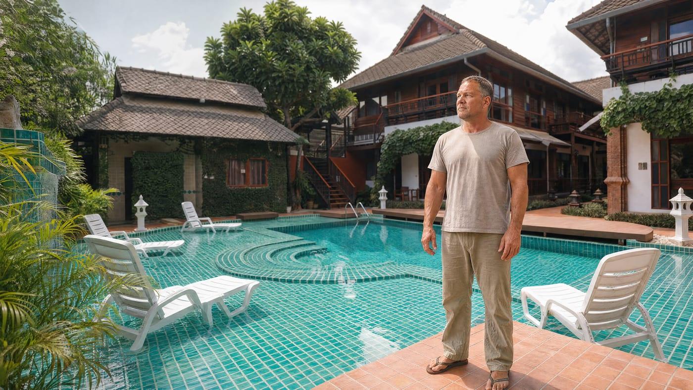 Man by the pool at Jintara Rehab Chiang Mai during the 30-day residential program