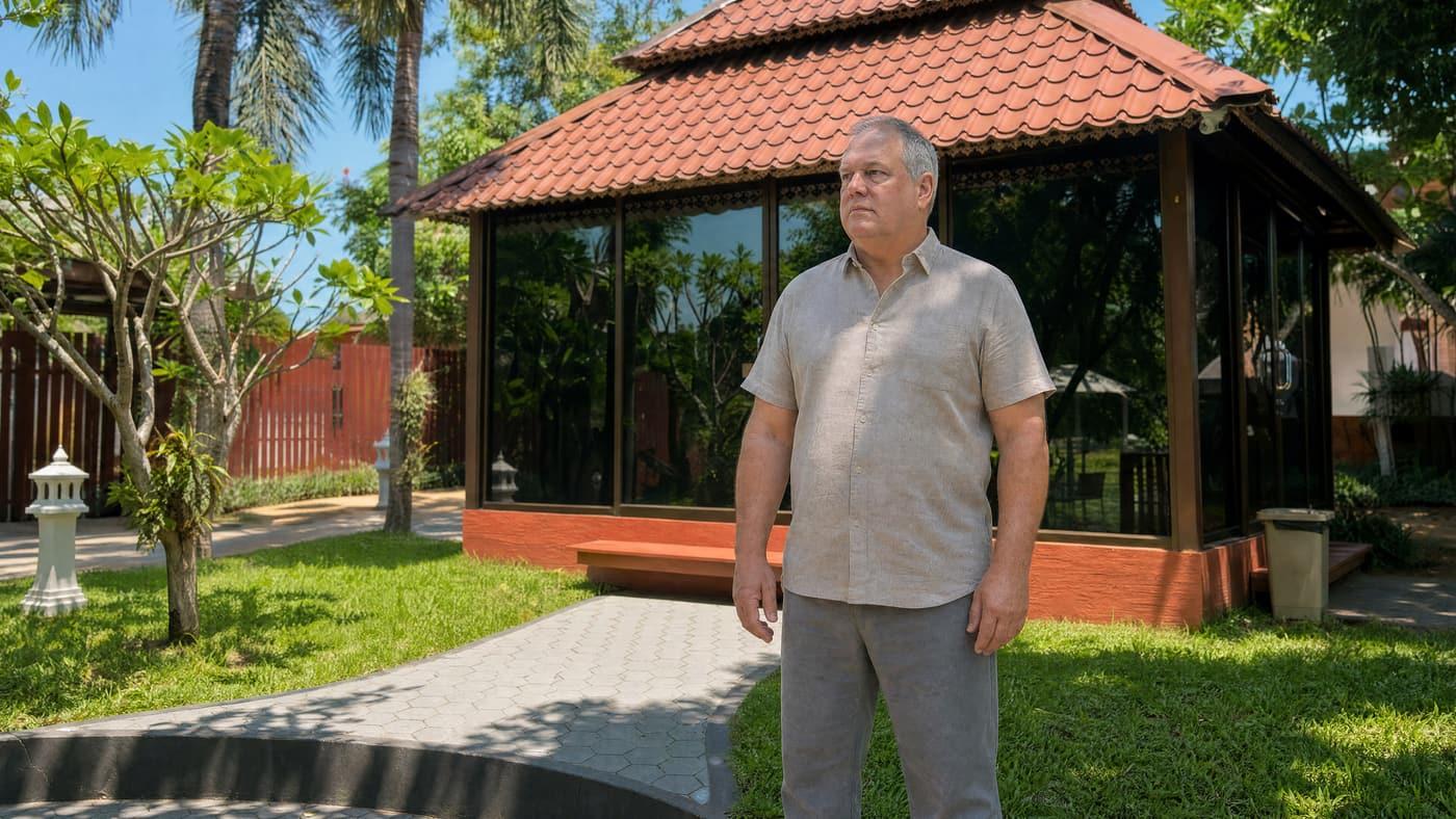A client standing by the glass garden sala at Jintara Rehab in Chiang Mai, the licensed facility inspected by regulators and hospital partners