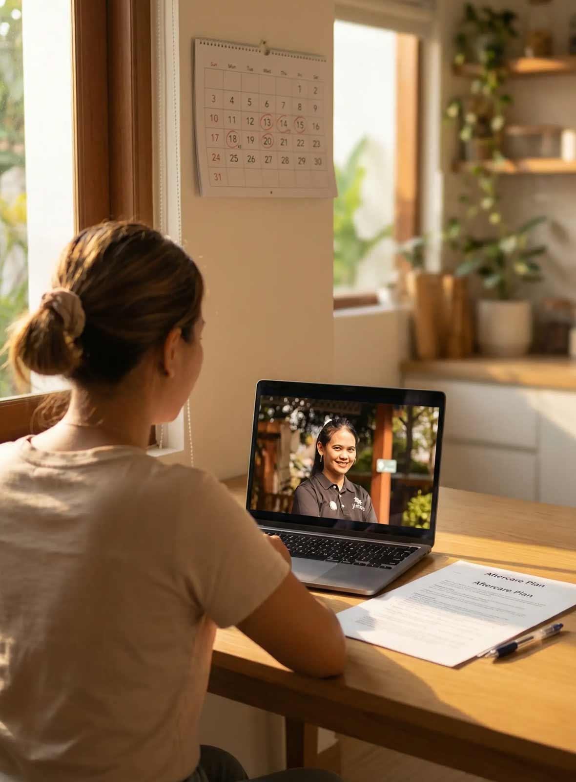 Video call with Jintara staff reviewing an aftercare plan document at a sunlit desk