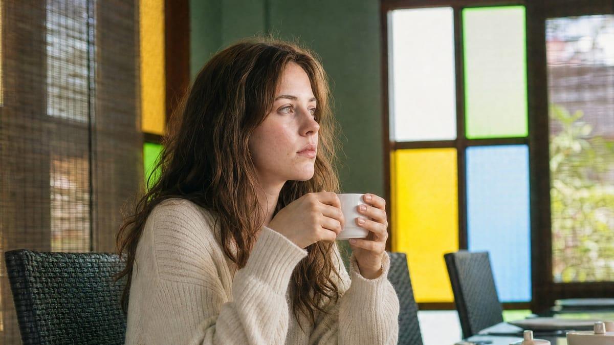 A woman sits reflecting with a cup of tea in a sunlit dining room at Jintara Rehab Chiang Mai
