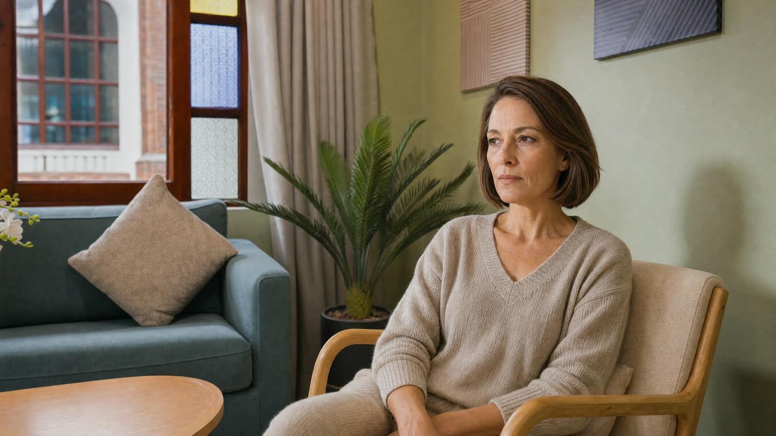 A woman seated composed in a calm sage-green lounge, the quiet surface that so often hides sleeping pill dependence