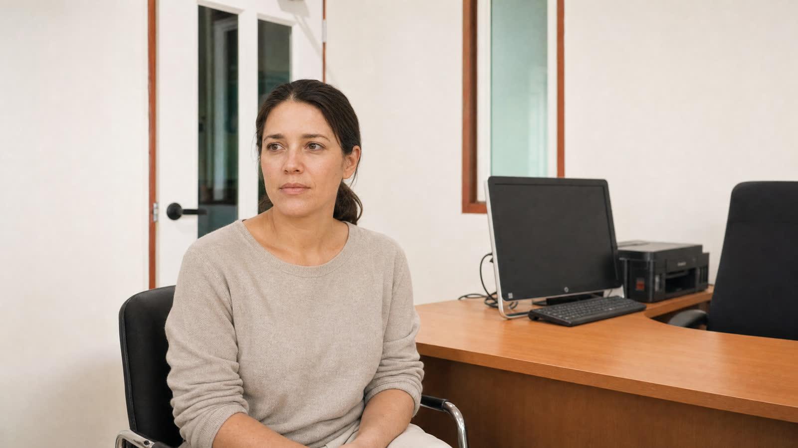 A client seated in a consultation office at Jintara Rehab Chiang Mai during assessment for combined sleeping pill and alcohol use