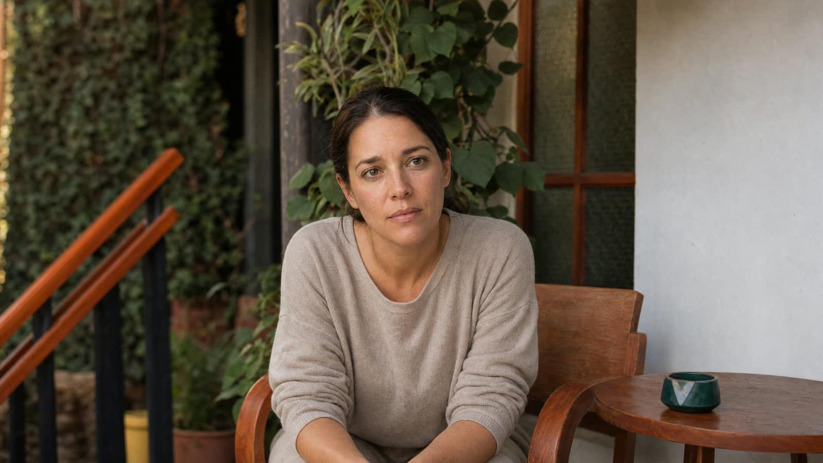 A woman engaged in a one-to-one therapy conversation on a garden porch at Jintara Rehab Chiang Mai, addressing the sleep and anxiety behind Ambien use