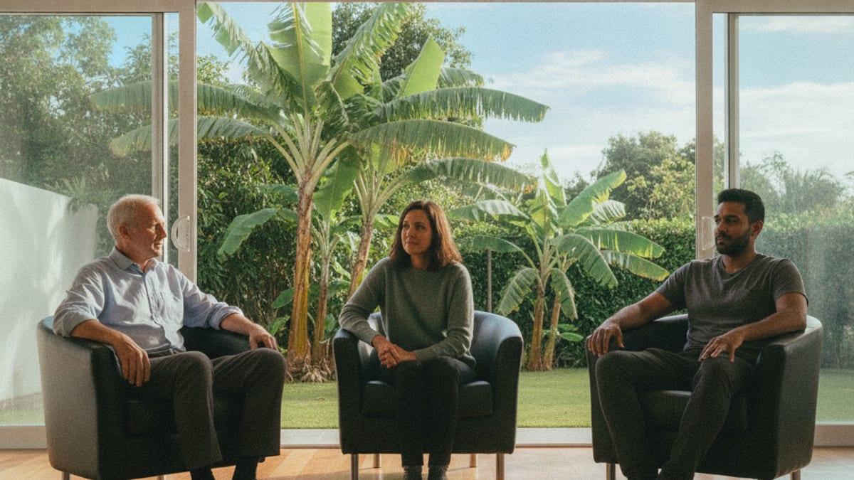 Three people in a small group therapy session in armchairs, tropical garden visible through glass doors at Jintara Rehab Chiang Mai
