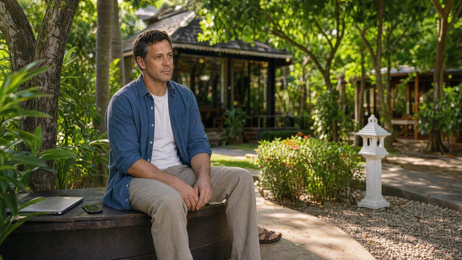 A man sits in the garden at Jintara Rehab with his laptop closed and his phone face down beside him during the early weeks of residential treatment