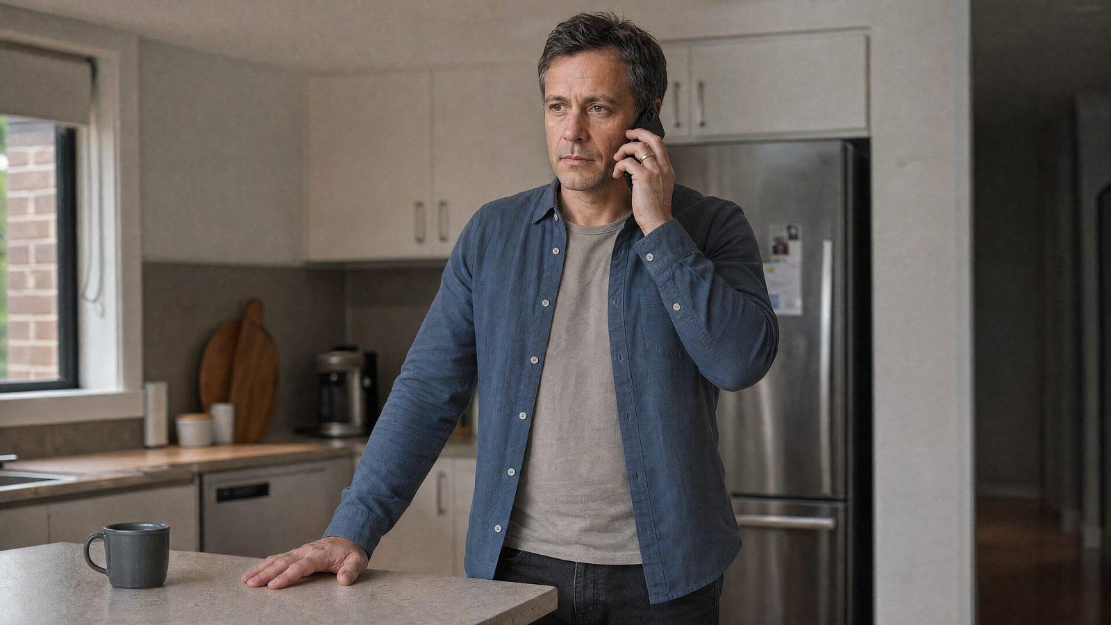 A man makes a confidential first enquiry call from his own kitchen while arranging residential rehab in Thailand for a family member