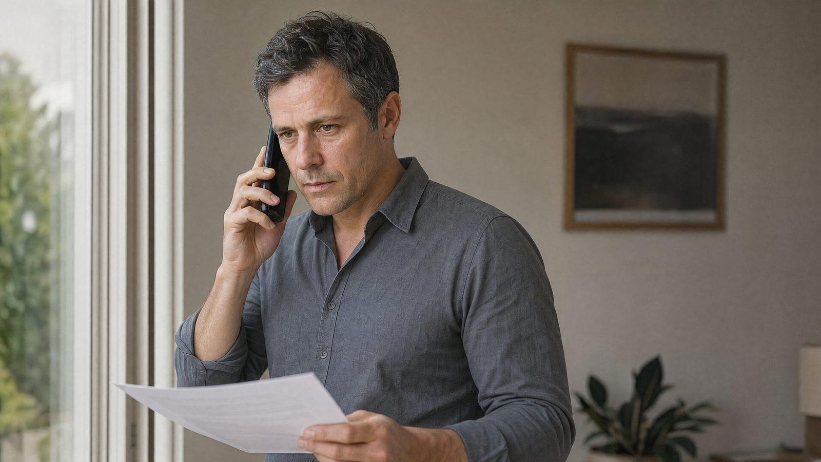 A family member confirms payment details by phone with a document in hand while arranging rehab in Thailand for a relative