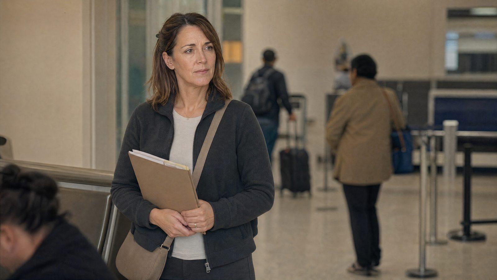 A woman waits in an airport terminal holding travel documents while accompanying a family member flying to Thailand for residential addiction treatment