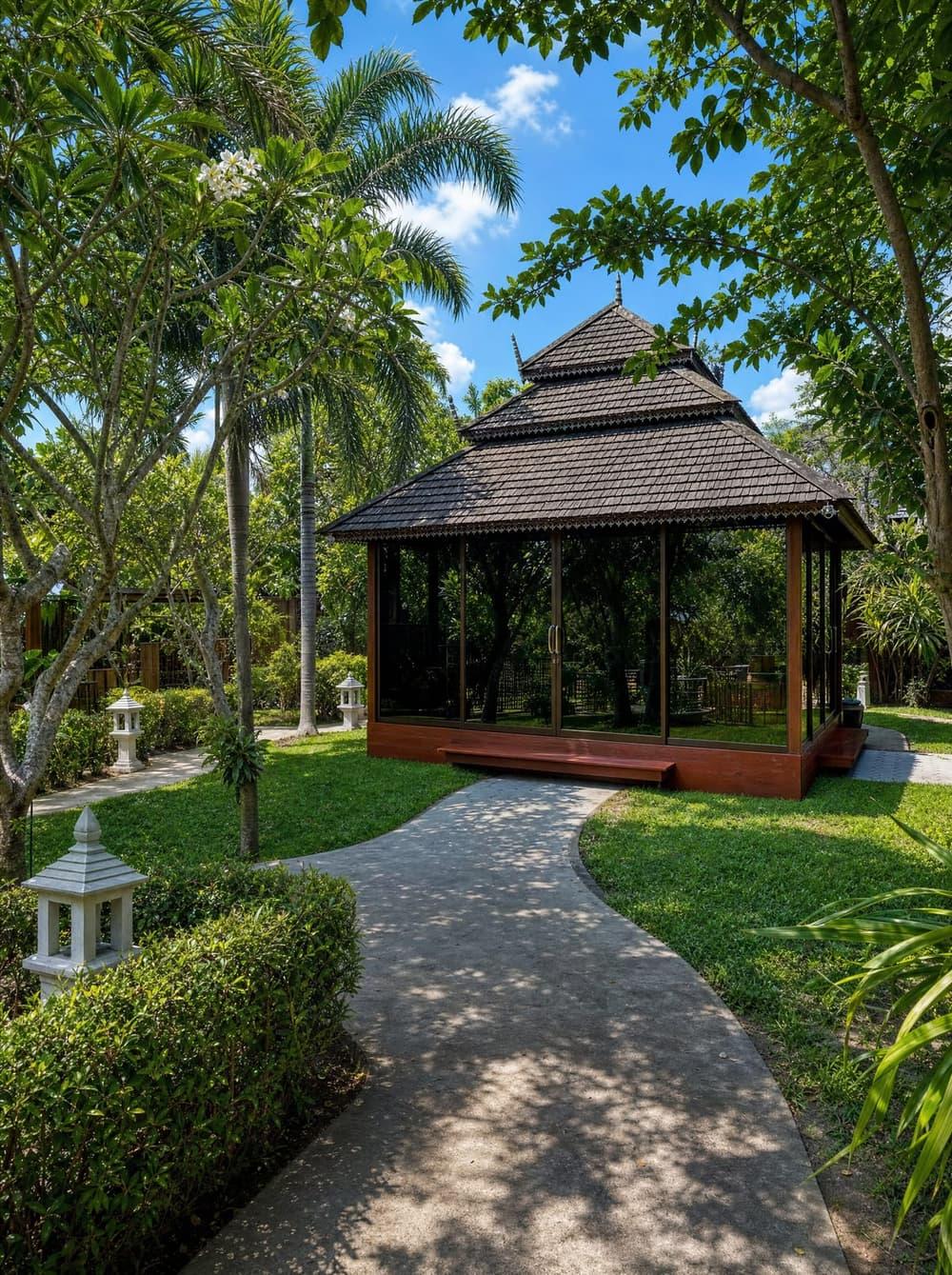 Lanna-style therapy pavilion with dark tile roof and glass panels on winding garden path at Jintara Rehab